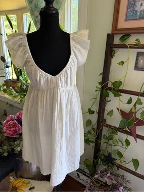 Roxy White Cotton Mini Dress with Flutter Sleeves